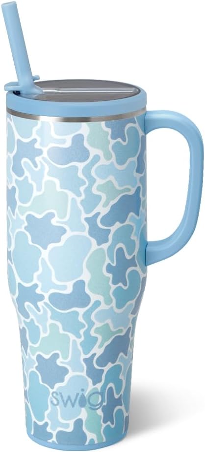 Swig Life 40oz Leak Proof Mega Mug, 40oz Leak Proof Tumbler with Handle and Straw, Extra Large Insulated Tumblers, Cup Holder Friendly Travel Mug, Reusable Leakproof Water Bottle (Saltwater Camo)