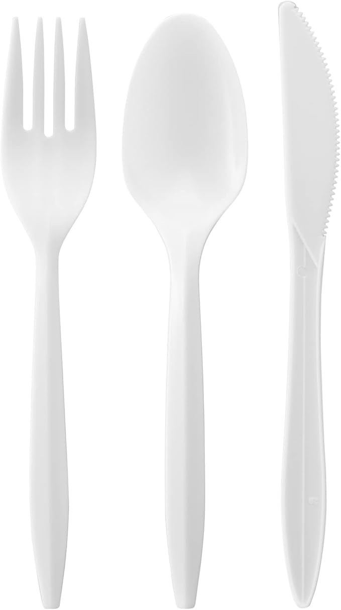 1,000 Plastic Disposable Cutlery Bulk Variety Pack White Medium Weight Includes 334 forks, 333 knives, 333 soup spoons, Disposable Silverware Plastic Cutlery