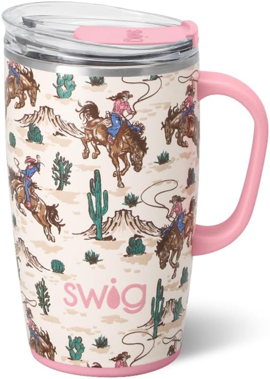 Swig Life 18oz Travel Mug, Insulated Tumbler with Handle and Lid, Travel Coffee Mug, Cup Holder Friendly, Stainless Steel 18 oz Tumbler, Reusable Insulated with Lid (Giddy Up)