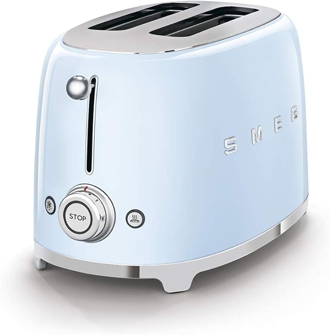 SMEG 2 Slice Toaster with 6 Presets and Defrost Function and Removable Crumb Tray TSF01PBUS, Pastel Blue