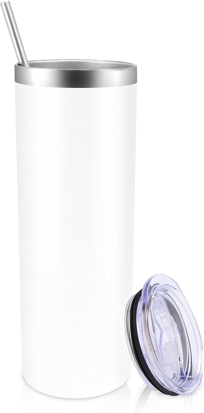 Volhoply 20 oz Skinny Tumbler with Lid and Straw, Stainless Steel Straight Tumblers Cup, Vacuum Insulated Coffee Mug for Home, Office, Travel, DIY (White,1 Pack)