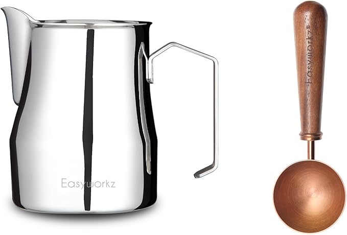 Easyworkz Espresso Steaming Pitcher Stainless Steel 15 oz Latte Art Cup, Bundled with Easyworkz Retro Stainless Steel Coffee Spoon with Black Walnut Handle,10g - Measuring Spoon (Rose Gold)