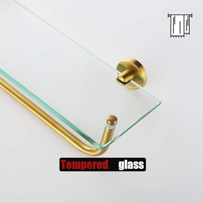 JQK Bathroom Glass Shelf, Shelf with 16 Inch Towel Bar Tempered Glass Shower Storage 16 by 5 inches, 304 Stainless Steel Brushed Gold Wall Mount, TGS100-BG