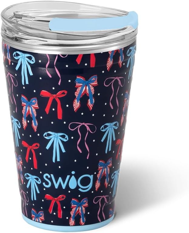 Swig Life 18oz Party Cup, Stackable Insulated Travel Coffee Tumbler with EZ Slider Lid, Cup Holder Friendly Travel Bottles, Stainless Steel 18 oz Tumbler, Reusable Coffee Mug (Miss Independence)