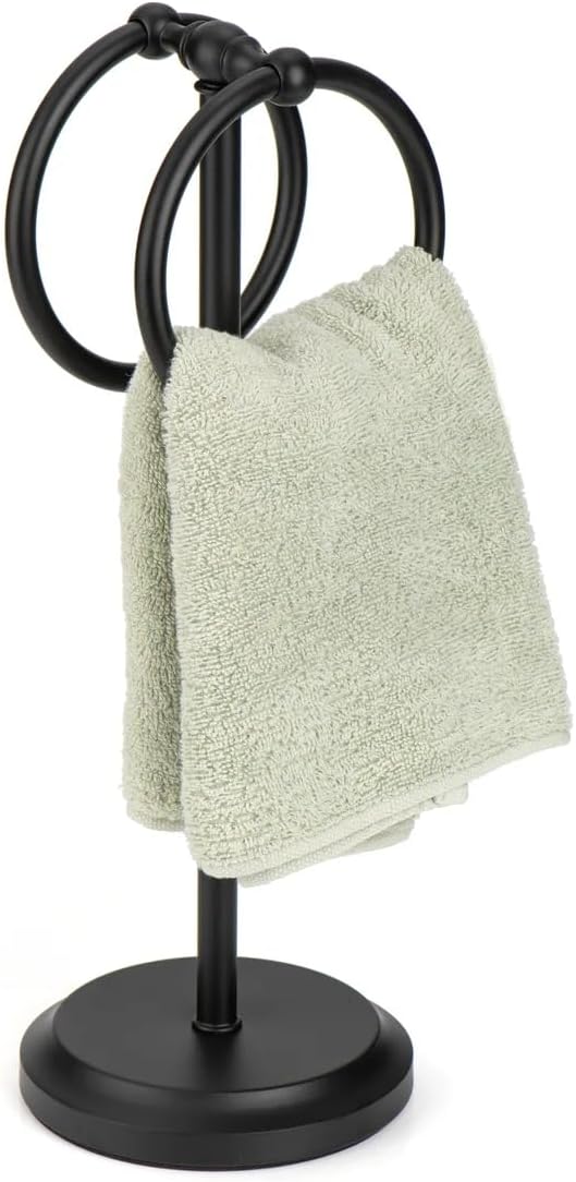 J&V TEXTILES Steel Towel Rack Holder Stand with 2 Hanging Rings for Bathroom Vanity Countertops - Space Saving Hand Towel Holder (Matte Black)
