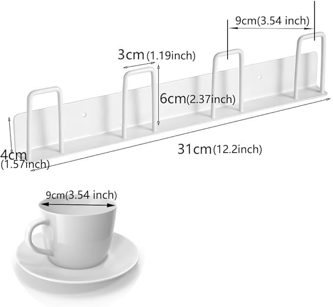 BAIEUEJO 2pcs Cup Holder Wall-Mounted Mug Hook Coffee Cups Holder no Drilling Coffee Mug Rack with 4 Cup Holders Rack for Kitchen/Living Room/Office (White)
