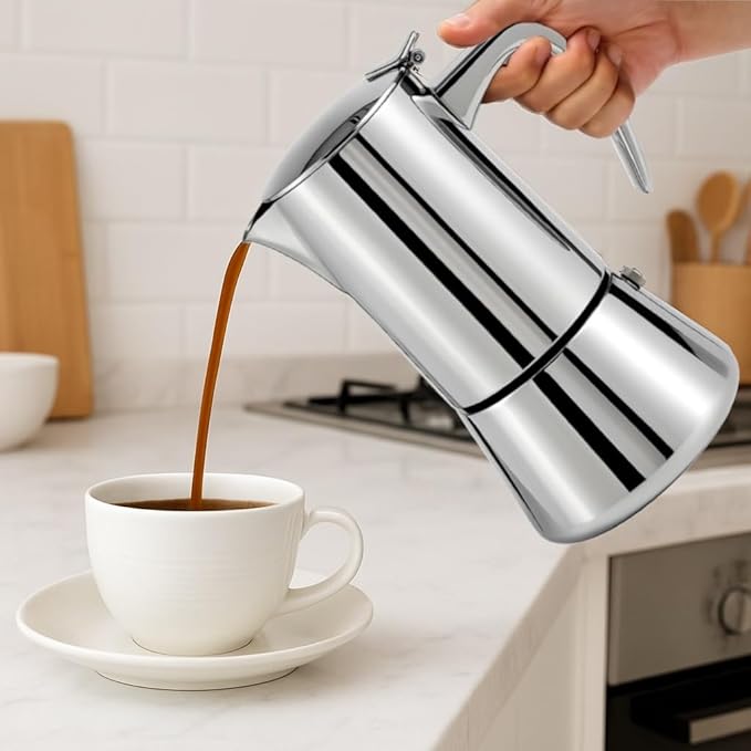 Stainless Steel Stovetop Espresso Maker – Italian Moka Pot, Induction Compatible Espresso Coffee Maker with Safety Valve (10 Cups)