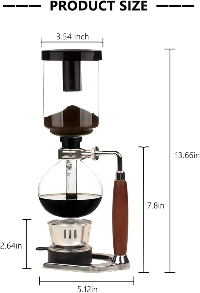 Glass Siphon Coffee Maker, Automatic Vacuum Coffee Brewer 3-Cup (360ml) with Alcohol Burner, Adjustable Buffer Clamp, Stainless Steel Bracket Base for Coffee Aficionados