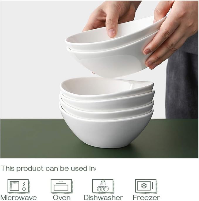 DOWAN White Cereal bowls, 16 Ounces Ceramic Dessert Bowls Set of 6, Oval Ice Cream Bowls for Cereal Snack Dessert Pasta and Side Dish, Microwave & Dishwasher Safe, Good Size for Garden Tea Parties