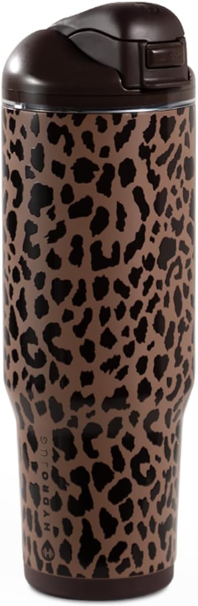HydroJug Ease2o Water Bottle with Straw & Chug Lid, Stainless Steel, Vented Cap to Help Reduce Pressure, Water-Level Window, Cup Holder Friendly, Non-Slip Base – 40oz, Brown Leopard