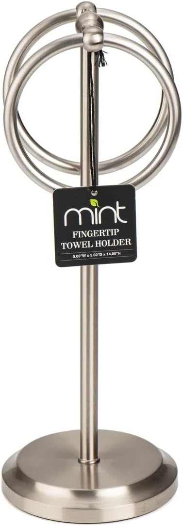 J&V TEXTILES Steel Towel Rack Holder Stand with 2 Hanging Rings for Bathroom Vanity Countertops - Space Saving Hand Towel Holder (Brushed Satin Nickel)