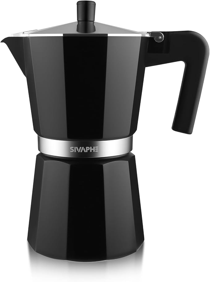 Sivaphe Aluminum Moka Pot 12 Espresso Cups, Percolator Espresso and Coffee Maker, Portable Stovetop Italian and Cuban Café Brewer for Home and Camping Black