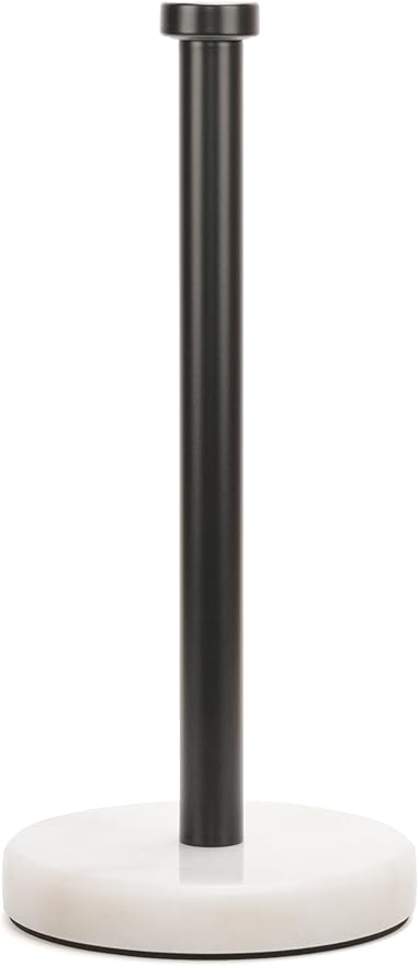 Kitchen Paper Towel Holder Countertop, Black Stainless Steel Rod, White Weighted Natural Marble Base, Heavy Duty Standing Paper Towel Roll Holders Easy One Hand Tear