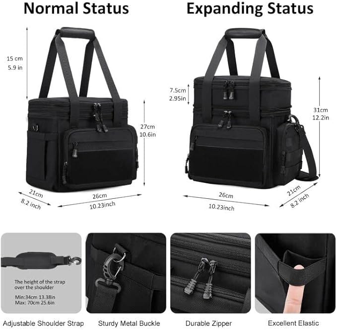 Gafetrey Tactical Lunch Box for Men, Insulated Lunch Bag Adult, Thermal Lunchbox Leakproof Waterproof Cooler Bag, Large Lunch Pail for Work Office Camping Travel (Black)