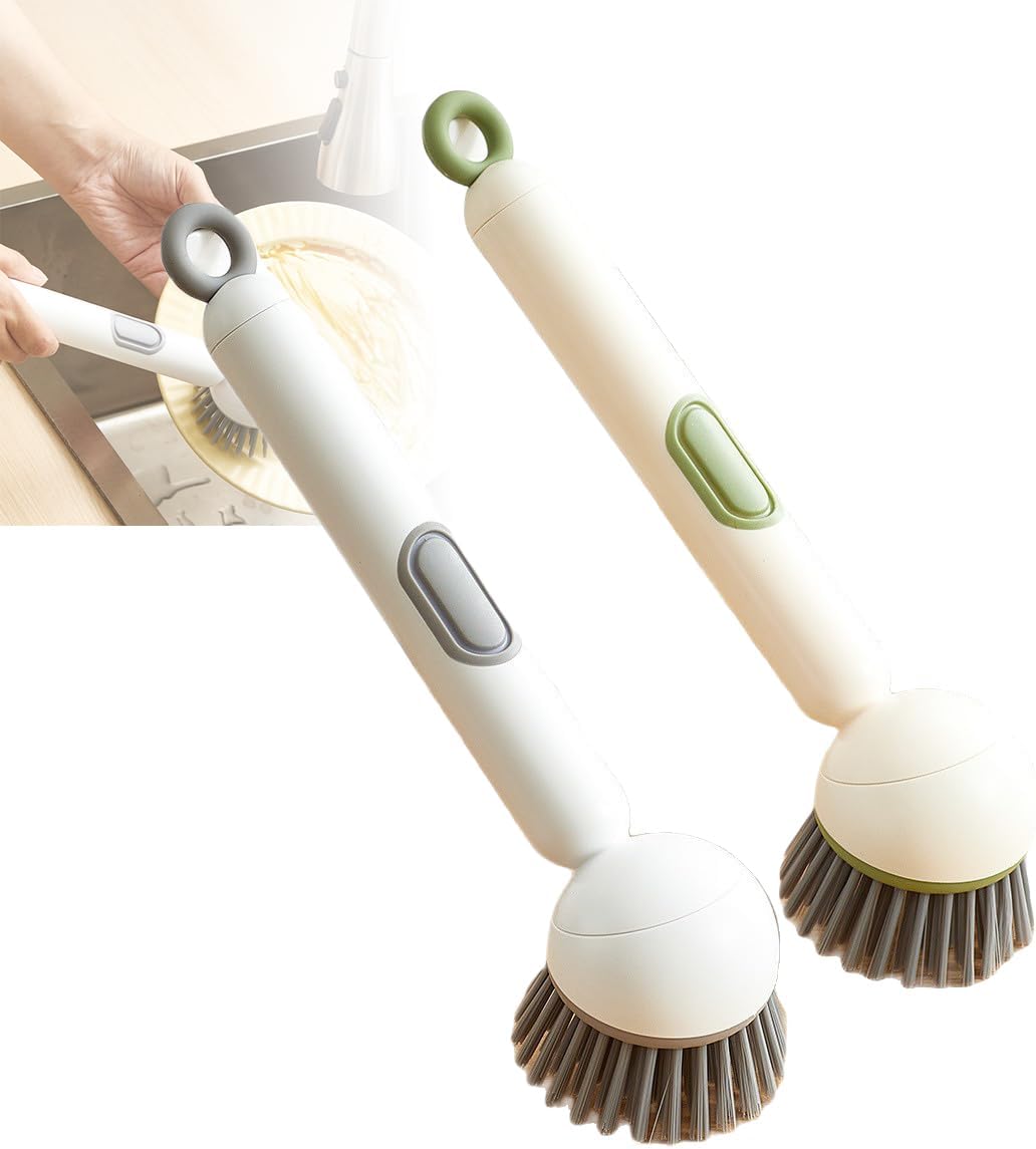 Adjustable Cleaning Brush with Liquid Dispenser, 2025 New Kitchen Dish Scrubber Brushes with Handle, Upgrade 6-Level Adjustable Dish Scrubber for Kitchen Cleaning Everyday Use (Green+Grey)