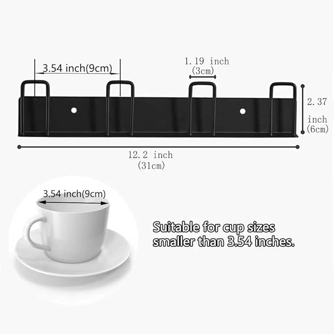 BAIEUEJO 2pcs Mug Hooks Wall-Mounted Mug Holder, Coffee Cups Holder Hanger no Drilling,Mug Rack Hooks with 4 Cup Holders,RV Must Haves Cups Storage Hooks for Kitchen,Living Room,Office (Black)