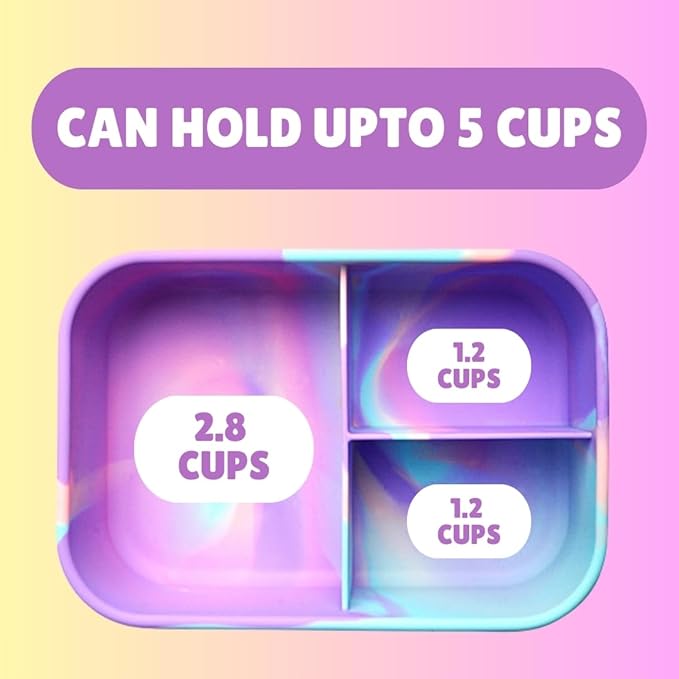 Silicone Lunch Box for Adults & Kids, 40oz Bento Box | 3 Compartments, Leak-Proof Design, 100% Food-Grade Silicone | Microwavable & Portable For All Occasions (5.7x8.5in, Purple)
