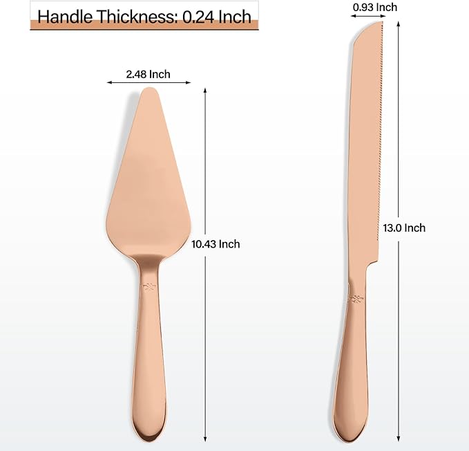 Wedding Cake Knife and Server Set, Integral Stainless Steel Longer Cake Cutter and Wider Pie Spatula, Elegant Cake Cutting Serving Set for Party Birthday Bridal Shower Set of 2, Rose Gold