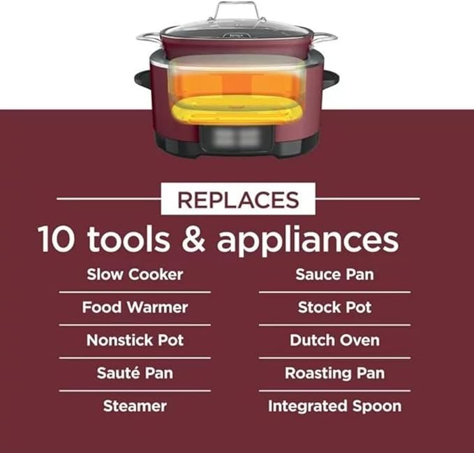 Ninja Foodi PossibleCooker PRO MC1000 8.5Qt Multicooker 8 in 1 Slow Cooker, Dutch Oven, Steam Bake Roast Sear Sauté Bread Maker Warmer, Glass Lid, Oven safe up to 500F, Nonstick (Cherry)