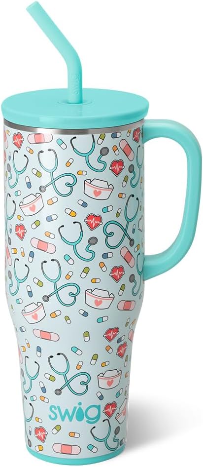 Swig Life 40oz Mega Mug, 40 oz Tumbler with Handle and Straw, Cup Holder Friendly, Dishwasher Safe, Lightweight Extra Large Insulated Tumbler, Nurse Gifts for Women (Scrub Life)
