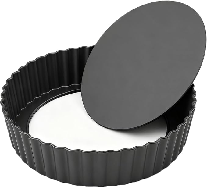 9.5 Inch Tart Pan with Removable Bottom & Non-stick Baking Mat Set – Carbon Steel Deep Tart Pan with 2.2 Inch Depth + Silicone Pastry Mat with Measurements, Perfect for Baking Pies, Tarts & Quiches
