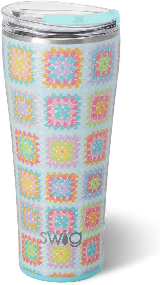 Swig Life 32oz Insulated Tumbler, Travel Coffee Tumbler with Lid, Cup Holder Friendly Travel Coffee Mug, Stainless Steel, 32 oz, Reusable Insulated Mug with Lid (Granny Squares)