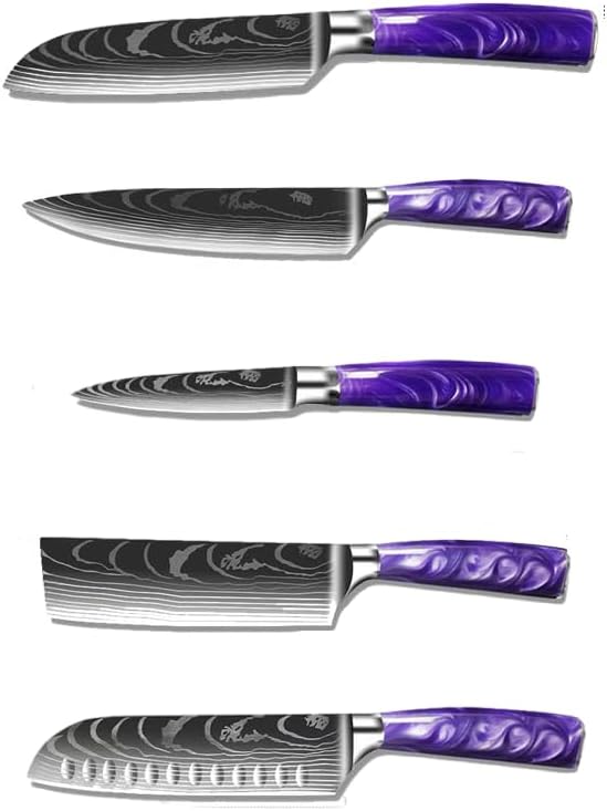 5-Piece Premium Japanese Kitchen Knife Set - Imperial Collection, Laser Damascus Pattern, 440A Stainless Steel Ultra Sharp for Fast Cutting (Purple 5A)