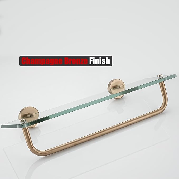 JQK Bathroom Glass Shelf, Shelf with 15 Inch Towel Bar Tempered Glass Shower Storage 16 by 5 inches, 304 Stainless Steel Champagne Bronze Wall Mount, TGS100L16-CB