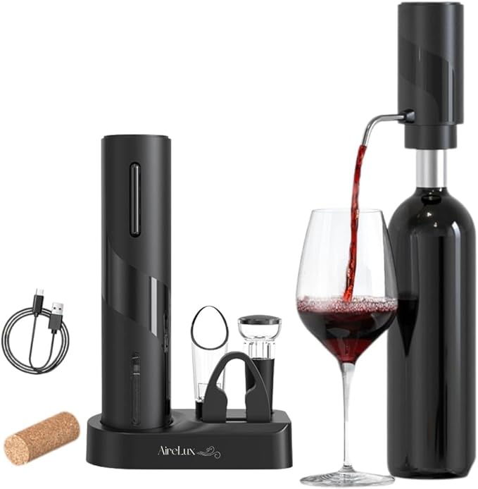 Rechargeable Electric Automatic Wine Bottle Opener Electric Aerator Foil Cutter Vacuum Stopper Pourer 7in1 Wine Accessories Set w Storage Stand Sleek Design Wine Lover Gift Home Kitchen Bar Must-Have