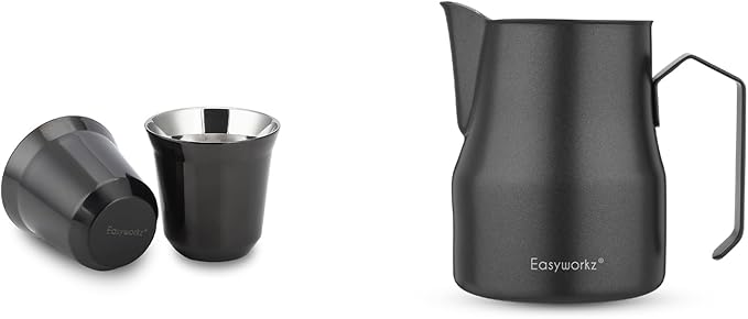 Easyworkz Stainless Steel Espresso Cup 2pcs Set Double Wall 2.5 oz, Bundled Espresso Steaming Pitcher Stainless Steel 15 oz Coffee Frothing Picther Milk Jug Cappuccino Latte Art Cup