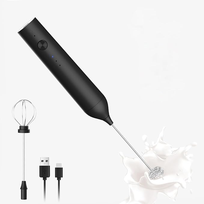 Rechargeable Milk Frother by ELMWAY, 3 Speed Electric Milk Frother Handled with Wand and Egg Whisk Attachments, for Coffee, Matcha and Protein Powder (Black without Stand)