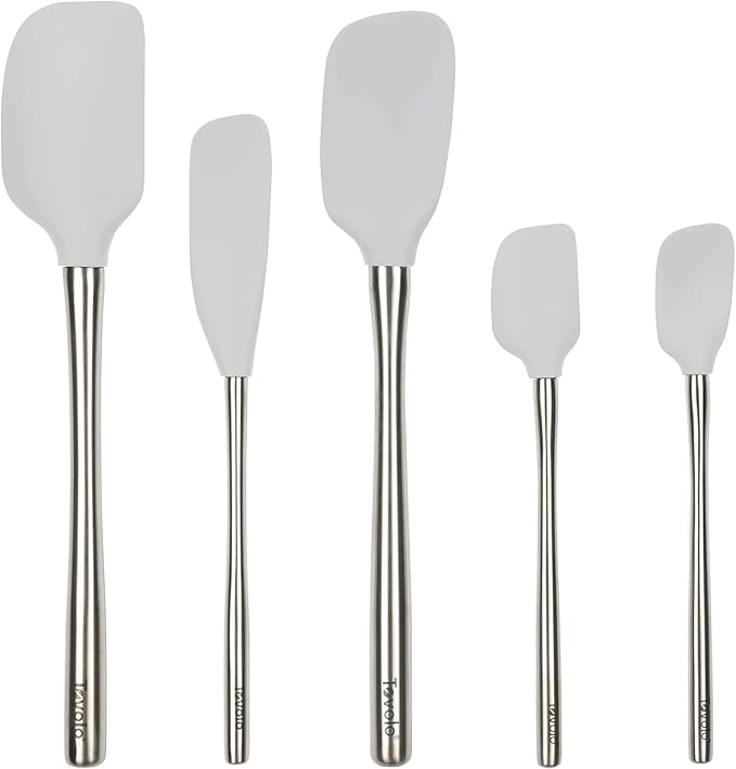Tovolo Stainless Steel Handled Silicone Spatula Set of 5 Oyster Gray, Dishwasher Safe Kitchen Spatula Set for Cooking Baking, Non Toxic BPA Free Silicone Spatula set with Metal Steel Handle