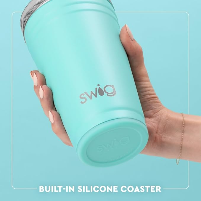 Swig Life 24oz Party Cup, Stackable Insulated Travel Coffee Tumbler with EZ Slider Lid, Cup Holder Friendly Travel, Stainless Steel 24 oz Tumbler, Reusable Mug (Mardi Gras Bows)