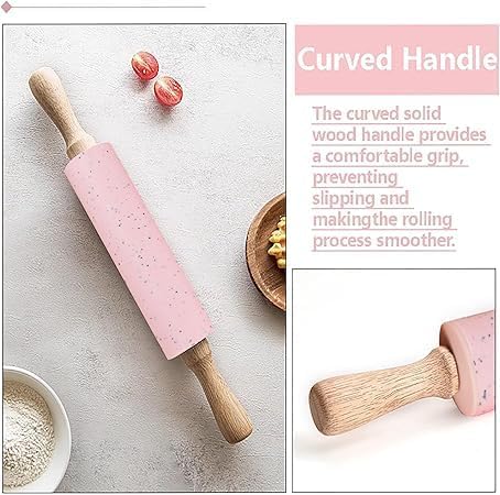 Silicone Rolling Pin for Baking,15Inch Pastry Dough Roller with Wooden Handle,Non Stick Surface Rolling Pin for Dough Cookie Pastry Tapered Dumpling Baking Supplies Kitchen Accessories