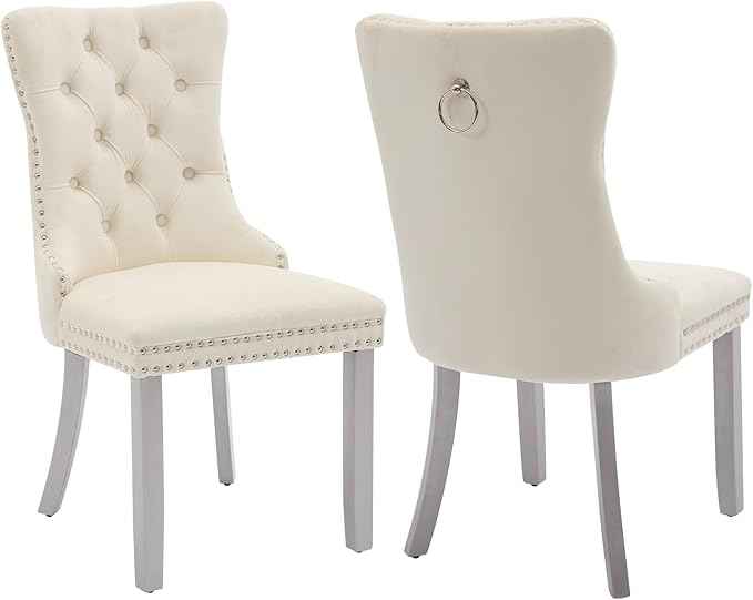 Velvet Dining Chairs Set of 2, Kitchen & Dining Room Chairs, Upholstered Dining Chairs with Back Ring Pull and Silver Solid Wood Legs, Modern Tufted Kitchen Chairs for Dining Room, Cream