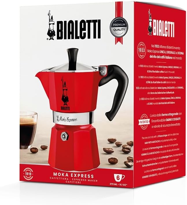 Bialetti - Moka Express: Iconic Stovetop Espresso Maker, Makes Real Italian Coffee, Moka Pot 6 Cups (6 Oz), Aluminium, Red