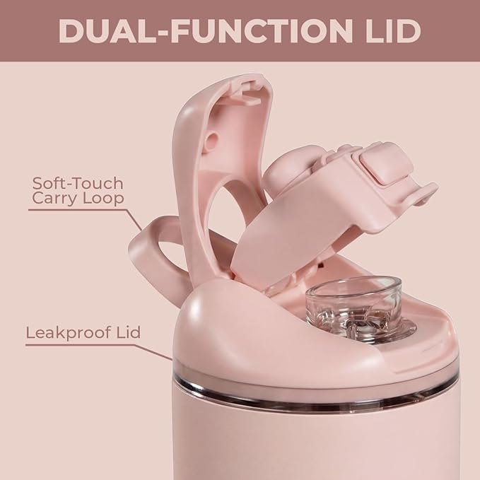 HydroJug Ease2o Water Bottle with Straw & Chug Lid, Stainless Steel, Vented Cap to Help Reduce Pressure, Water-Level Window, Cup Holder Friendly, Non-Slip Base – 24oz, Dusty Rose