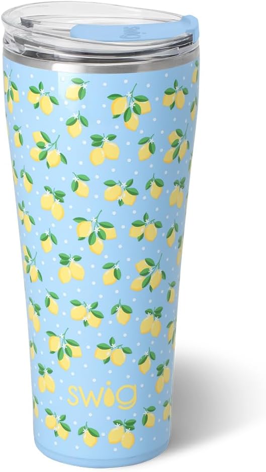 Swig Life 32oz Insulated Tumbler, Travel Coffee Tumbler with Lid, Cup Holder Friendly Travel Coffee Mug, Stainless Steel, 32 oz, Reusable Insulated Mug with Lid (Lemon Meringue)