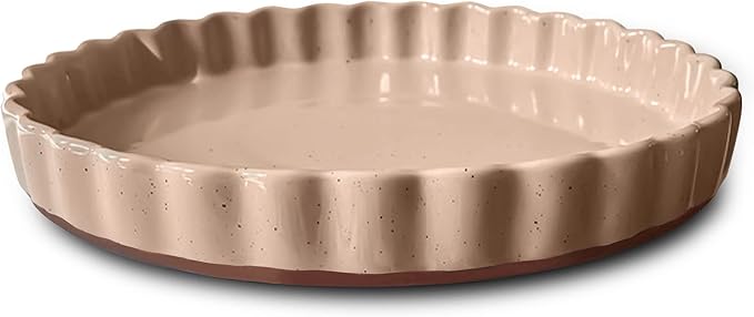 MORA Ceramic Tart Pan, 9.5 Inch Large Porcelain Baking Dish for Tarts, Quiche, Pie, Flan etc. Fluted Ruffled Edge, Oven, Microwave, Freezer, and Dishwasher safe - Great Gift For Bakers - Chai