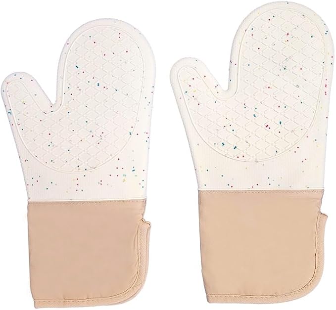 6-Piece Set Silicone Oven Mitts Cooking BBQ Gloves Non-Slip Heat Resistant Soft Cotton Lining Washable Baking Gloves Beige