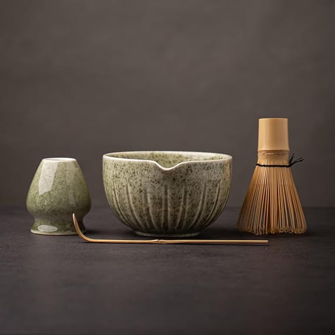 TANG PIN Matcha Set - Match Bowl and Whisk, 15 OZ, Matcha Scoop | Matcha Whisk Stand (Chasen Holder) - 5pc Perfect Matcha Kit for Matcha Tea Ceremony (Mottled Green)