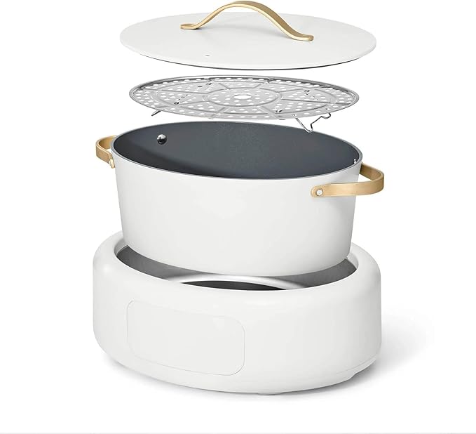 10-in-1 Electric Multi-Cooker by Drew Barrymore, 6-quart, digital display, 10 cooking functions, non-stick pot, easy one-touch control (White Icing)