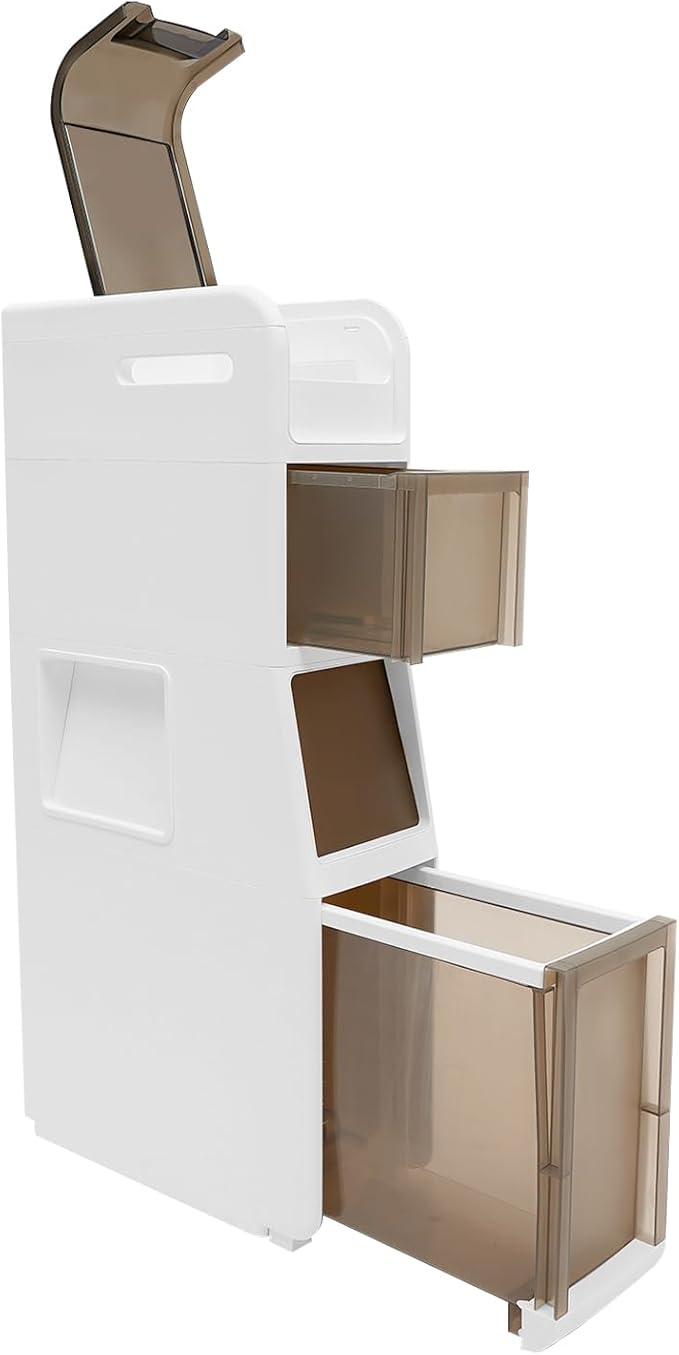 Slim Waterproof Narrow Bathroom Cabinet with Trash Bin Compact Design with Drawers and Toilet Paper Holder Movable Bathroom Organizers for Small Spaces (4Tier/31.5in H)