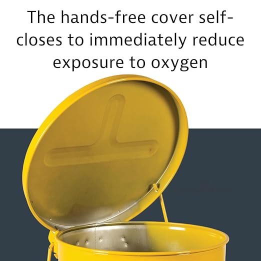 Justrite 14 Gallon Galvanized Steel Oily Waste Can, 20" x 16" Metal Oil Rag Safety Can with Foot Operated Self-Closing Lid for Oil Rag Disposal, Made in The USA, Yellow, 09501