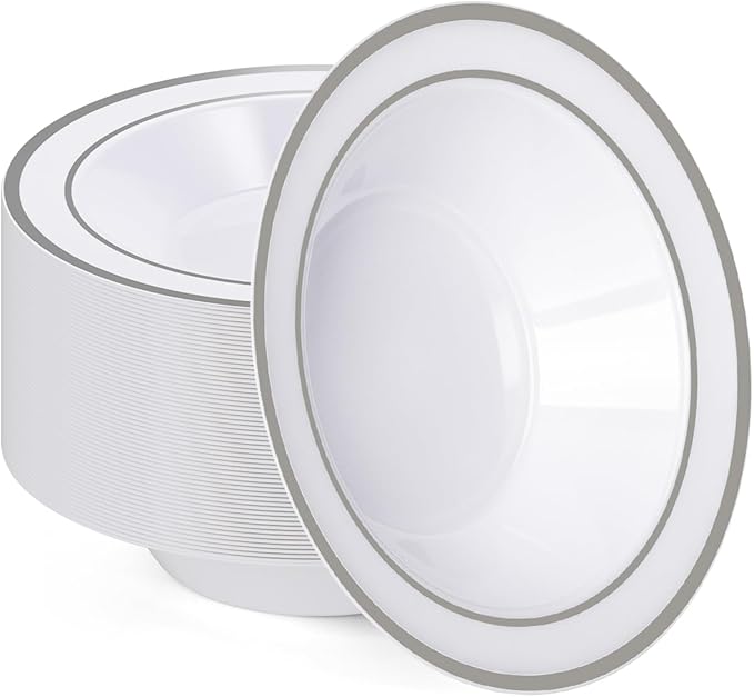 BESTVIP 50 Pack Plastic Bowls with Silver Rim, 12 oz Disposable Soup Bowls, Heavy-duty Dessert Salad Bowl for Party, Wedding, Christmas, Thanksgiving Catering and Dinner