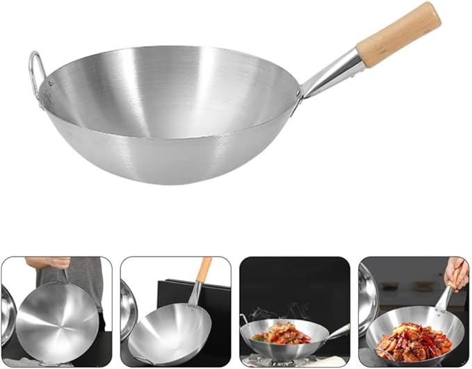 Wok Pan Stainless Steel Stir Fry Pans Wok Frying Wok Pan Induction Stove Wok with Wood Handle Cooking Skillet Cookware for Gas Induction or Electric Stove Wok