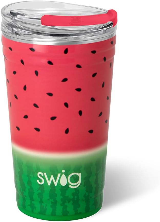 Swig Life 24oz Party Cup, Stackable Insulated Travel Coffee Tumbler with EZ Slider Lid, Cup Holder Friendly, Stainless Steel 24 oz Tumbler, Reusable Coffee Mug (Melon Slice)