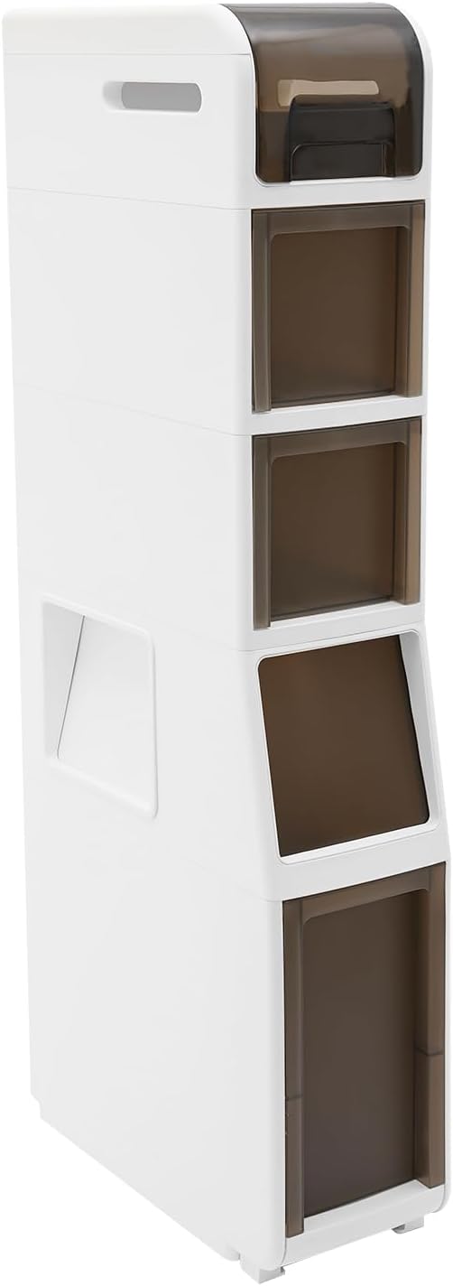 Slim Waterproof Narrow Bathroom Cabinet with Trash Bin Compact Design with Drawers and Toilet Paper Holder Movable Bathroom Organizers for Small Spaces (5Tier/37.8in H)