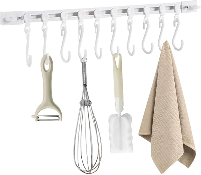 Multifunctional Slide Rail Hook,Kitchen Utensil Hanging Rack Wall Mounted Hanger,Space Saving Utensil Holder with 10 Hooks ,Sliding Track Hook No Drilling Hanger for Home Office (Length 40cm/1pcs)