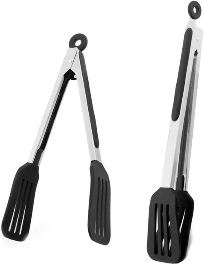 Cooking Tongs 9 inches and 12 inches Stainless Steel Kitchen Silicone Serving Tong Heat Resistant Meat Turner Spatula Tongs with Locking Handle Joint